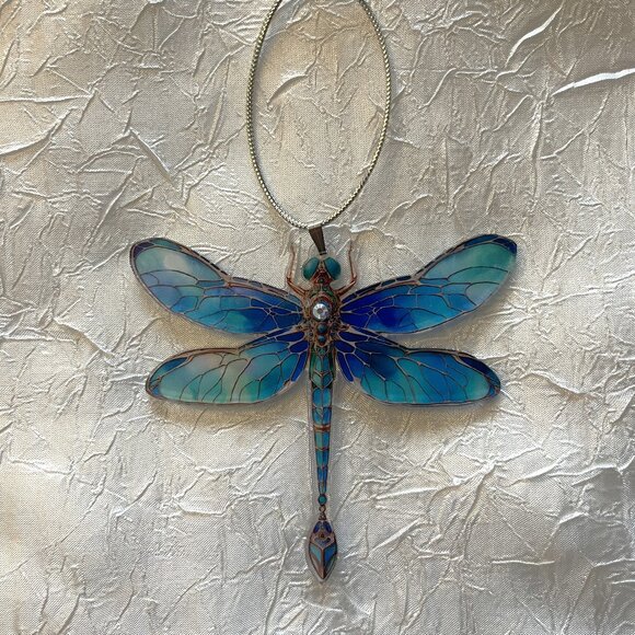 Christmas Tree Ornament, Blue Green & Swarovski Crystal Victorian Dragonfly NWT - Picture 2 of 3